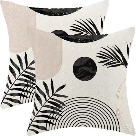 Beige Leinenkissenbezug mit Blattmuster, 45 x 45 cm (2er-Set), im Bohème-Stil (1/5)
