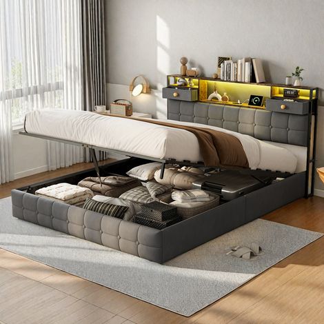 140 x 200 cm Lit double rembourré avec table de chevet–Lit gonflable pour adulte 140 x 200–1 port USB et 1 port Type-C–Velour gris–Style scandinave