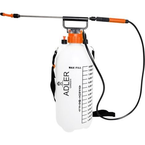 ADLER EUROPE pulverizador Agua Manual de 8 L con Lanza de Acero Inoxidable de 82 cm y Manguera de 125 cm – 2,5 Bar – Botella de Bomba con Boquilla Ajustable – Válvula de Seguridad