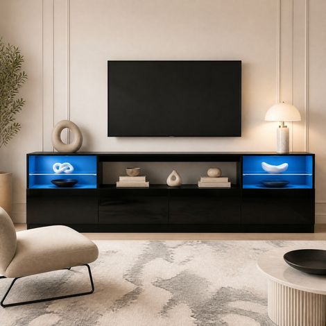 Mueble TV LED negro brillante 180 x 35 x 60 cm para TV de hasta 75 pulgadas (1/5)