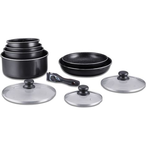 Batterie de cuisine 10 pièces – Revêtement anti-adhésif en pierre – Manche amovible en silicone – Compatible tous feux dont induction – Herzberg (1/5)