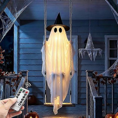 Décoration fantôme d'Halloween lumineuse suspendue de 1,5 m, ornement fantôme LED oscillant télécommandé avec chapeaux de sorcière, décoration d'Halloween pour porche, cour ou jardin - Chapeau noir (1/5)