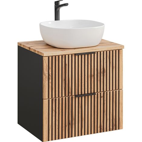 Waschtisch 60 cm mit Aufsatzwaschbecken XANTEN-56 in anthrazit mit Eiche Nb. schwarze Rillen, B/H/T: ca. 60,6/74,2/46,5 cm (1/5)