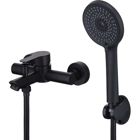 Grifo de Bañera Negro con Ducha de Mano 4 Funciones, Grifo de Ducha Monomando en Acero Inoxidable SUS304, Grifo Mural Diseño Elegante (1/5)