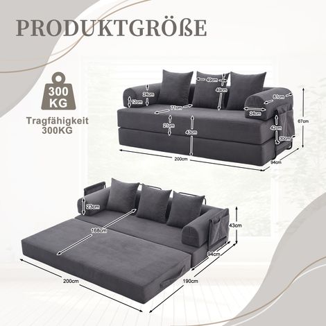 Canapé-lit pliable gris foncé avec structure métallique robuste, poches latérales & 3 coussins – salon, studio, chambre ou espace restreint (1/4)