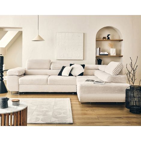 Zaria - ecksofa rechts 5-sitzer schlaffunktion und bettkasten und kopfstützen großer geripptem cord - beige