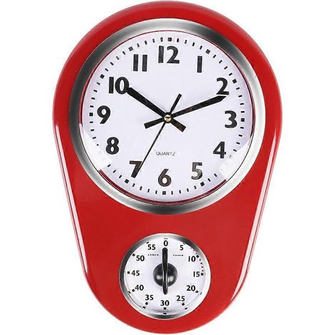 Horloge murale de cuisine avec minuteur, rouge, en verre ABS rouge, style vintage, grande horloge murale, minuteur de cuisine. (1/5)