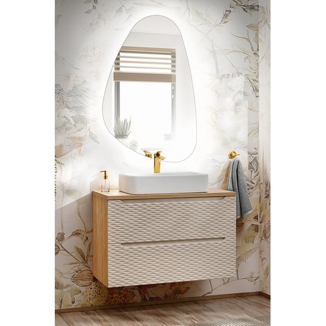 Badmöbel Set 2-teilig mit 90cm Waschtisch, Eiche mit beige, OLUO-56-BEIGE (1/5)