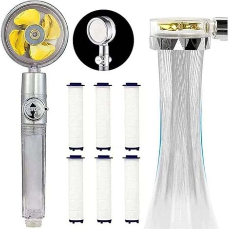 Douchette à main, pomme de douche à économie d'eau, pomme de douche haute pression rotative à 360°, système de filtration à trois niveaux, 6 tampons PP remplaçables (or) (1/5)