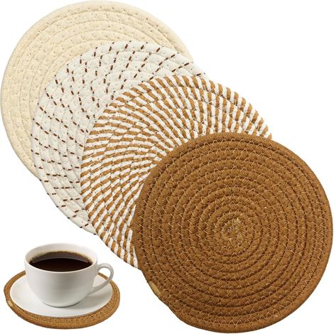 Set de Table Rond - 4 Pièces - Coton Tressé - Résistant Chaleur - Cuisine Salle à Manger - 20 cm (1/5)