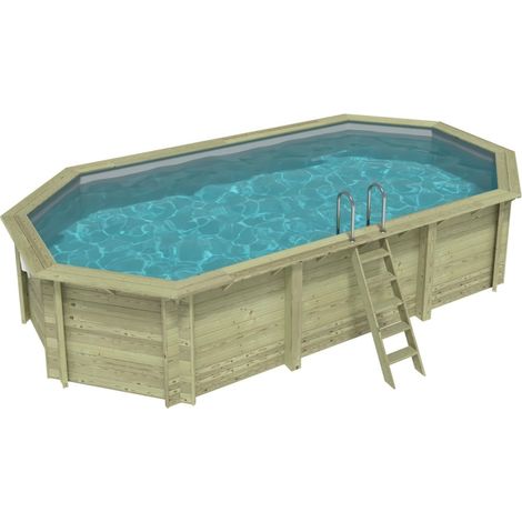 Piscina in legno NEMO 7.3 x 3.97 - H.1.45 m, grigio, con supporti fissati al calcestruzzo - BAS7305OSPL2