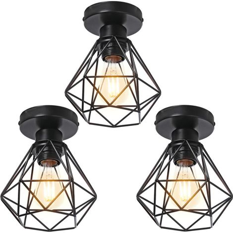 3PCS Plafonnier Rétro Noir Lampe De Plafond E27 Cage En Métal Luminaire Plafonnier Vintage D'Intérieur (1/5)