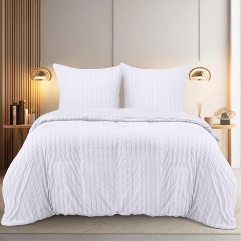 Seersucker Housse de Couettet 240x260 cm avec 2 Taies d'oreiller 65x65 cm (Blanc) - Parure de lit 240x260 cm - Ensembles de Housses de Couette en Microfibre brossée Douce (1/5)