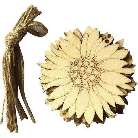 10 ornements décoratifs en bois brut en forme de tournesol, à suspendre. (1/3)