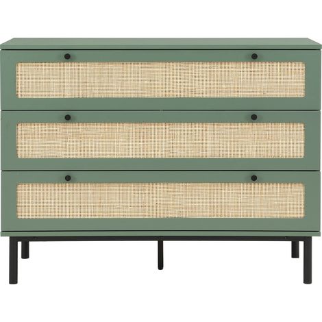 Commode 3 tiroirs vert et cannage 105 cm - Luma
