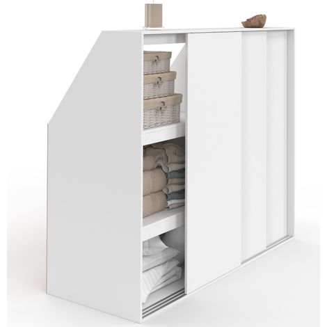 Armoire sous pente 3 portes coulissantes 3 niveaux TOMI 130 x 50 x 70/110 cm blanc