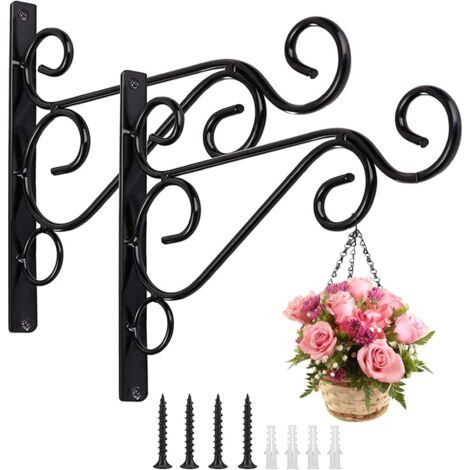 2 Pièces Accroche Plante Mural, Crochets de Suspension Muraux avec Vis Suspendu, Crochets de Jardin en Fer Forgé en Métal Accessoires pour Paniers de Plantes, Mangeoires à Oiseaux, Lanterne (1/5)