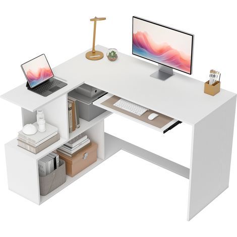 Bureau d'angle bureau en L avec étagères de rangement, plateau à clavier coulissant, 120x100x76cm, blanc