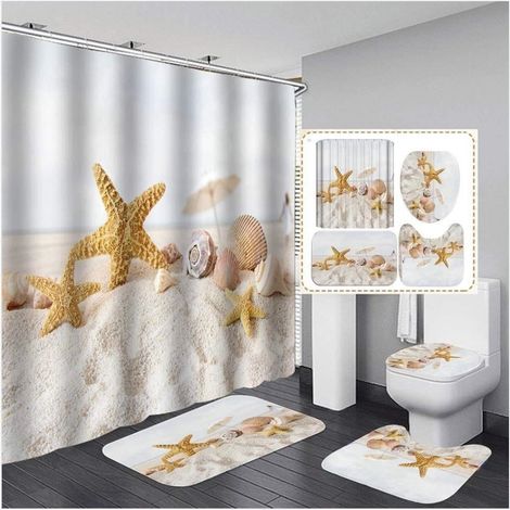 Rideau De Douche - Motif Coquillages - Imperméable - Pour Salle De Bain - Ensemble Complet Avec Tapis De Bains Et Accessoires - 180 X 180 Cm - 1 Pièce (1/5)