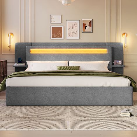 Cama doble MDF gris 180x200 cm con LED y almacenaje hidráulico sin colchón – MEUBLIV (1/5)