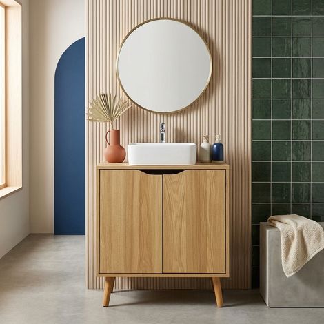 Meuble sous lavabo vintage décor bois frêne 65 x 40 x H 70 cm - Nepal (1/5)
