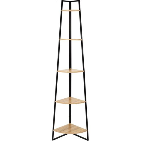 Altobuy – Etagère d'angle métal noir 34,5x34,5xH180cm – Plateaux MDF décor bois – Charge maximale 50kg – Pour espaces confinés (1/2)