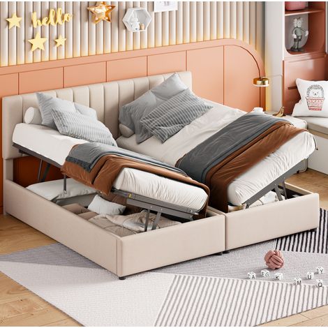 Lit coffre 180x200 convertible, tissu lin beige HAVRYA (1/5)
