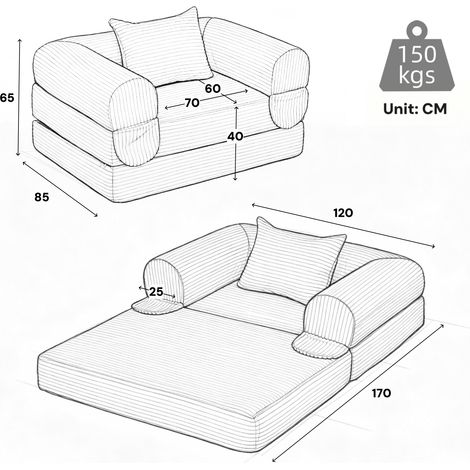 Fauteuil-lit simple en velours côtelé, lit invité pliant haut de gamme pour l’aménagement du salon et de la chambre (1/4)