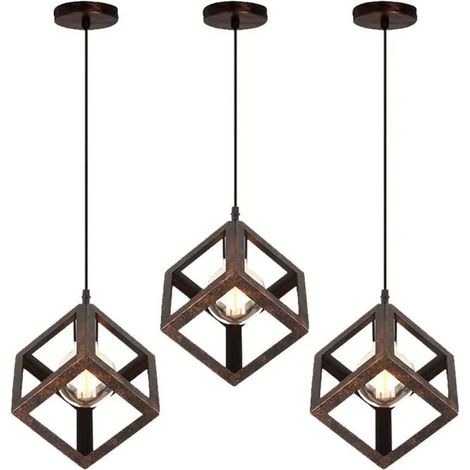 U-Do 3Pcs Lustre Suspension Carré en Fer Rouille E27 Ajustable Lustre Plafonnier Exquise Lampe Intérieur design Vintage pour (1/4)