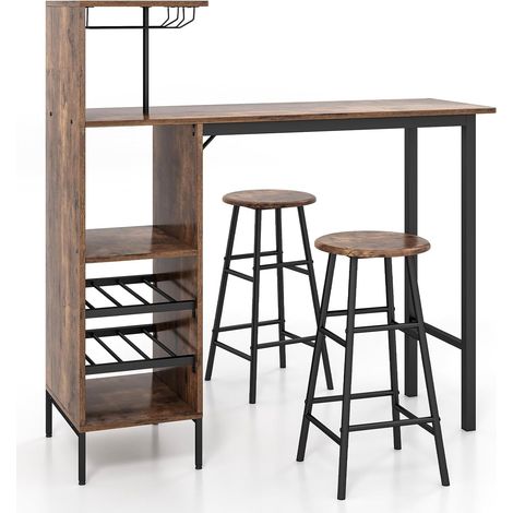 COSTWAY Set 3 Pezzi Tavolo e Sedie da Bar, Tavolo e Sgabelli da Pub Industriale con Porta Calici e 6 Portabottiglie da Vino, Set di Tavolo per Sala da Pranzo, Ristorante e Bar (Caffè)