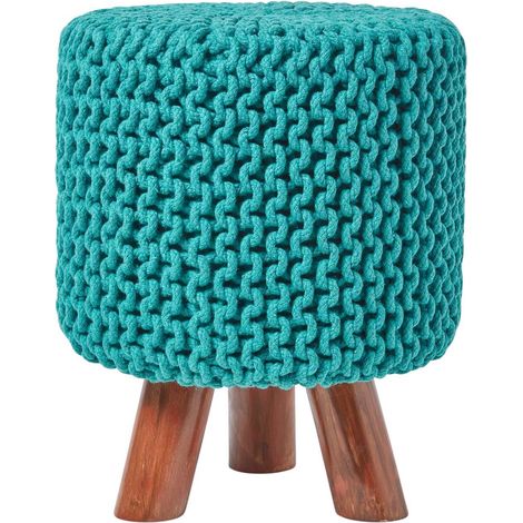 HOMESCAPES Teal Green Tall Cotton Knitted Footstool on Legs (1/5)