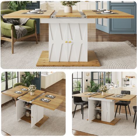 Extendable Dining Table with Relief Pattern for Kitchen and Living Room-Wood Veneer Finish,110x70x76.5cm (Extends to 140cm) (1/5)