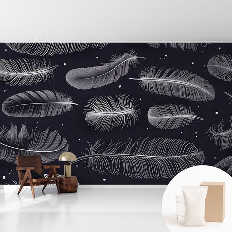 Papier peint intissé décoratif pour chambre et salon Design moderne à poser facilement - Colle incluse gratuite Plumes subtiles 416x254 cm (1/5)