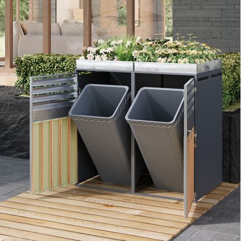 Meuble jardin cache-poubelles 2 portes acier gris OKMYHOME (1/5)
