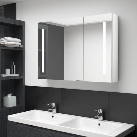 Armoire de salle de bain à miroir LED Armoire de rangement Placard de Rangement Toilettes 89x14x62cm Blanc brillant RTJEX850595 (1/5)