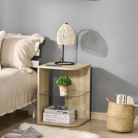 HOMCOM Table d'Appoint Guéridon Design Contemporain Bout de Canapé étagère Verre trempé Bois naturel