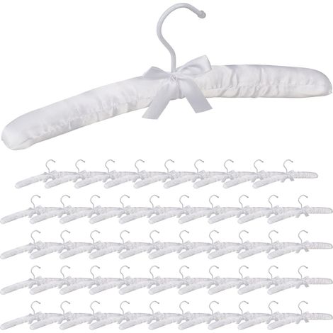 50 x Kleiderbügel Satin, weich gepolstert, 360° drehbarer Haken, dekorative Schleife, Satinbügel, 38 cm breit, weiß