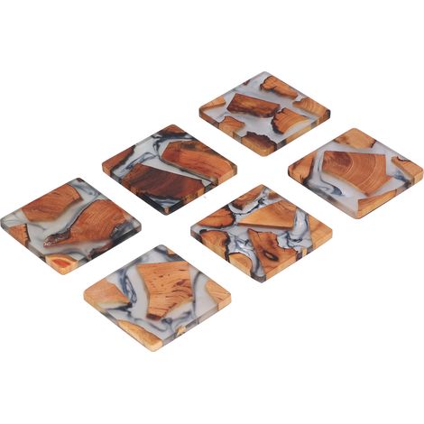 Untersetzer aus Buchenholz und Glas, 6er-Set quadratische, isolierte Untersetzer, handgefertigte Tischdekoration, Möbelschutz, ideal für Zuhause (1/5)