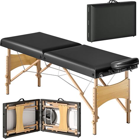 Table massage hauteur ajustable cadre bois matelas pliable rembourrage mousse noir (1/5)