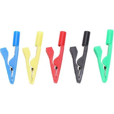 Pinza de cocodrilo U16 de 2 mm con aguja, color rojo, negro, amarillo, verde y azul, aislada. (1/5)
