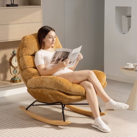 Chaise balancement jaune coussin pieds acier glissières bois tiroirs (1/4)