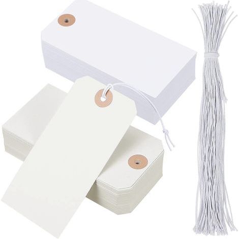 100 Blanko-Etiketten, Preisschilder, Kleidungsetiketten, Gepäckanhänger, Papieranhänger mit Schnur – 12,00 x 6,00 x 0,10 cm (1/5)