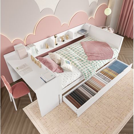 Cama individual moderna 90x200 cm con escritorio, 2 cajones y 3 estantes, pino y tablero de partículas, blanca (1/5)