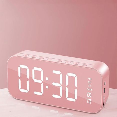 Enceinte Bluetooth finition miroir, réveil rectangulaire avec caisson de basses, enceinte sans fil avec radio FM, idéale pour les bureaux et les chambres. (1/2)