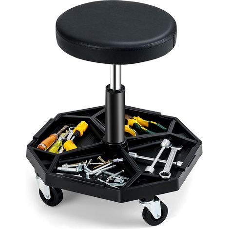 GOPLUS Tabouret d’Atelier avec 4 Roues Universelles, Haute Réglable, Tabouret Mécanique avec Rangement d’Outils, Siège Pivotant 360° pour Garage/Atelier, Charge 150 kg (Noir) (1/5)