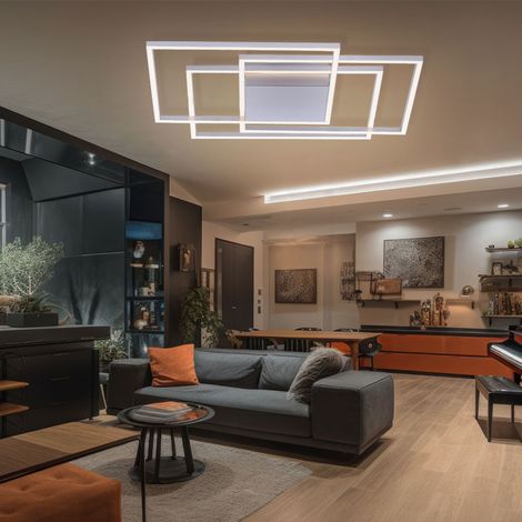 Lampada di design a LED dimmerabile da soffitto Lampada da soffitto da soggiorno color acciaio, metallo, argento, LED 48W 3000lm bianco caldo, LxLxH 75x75x7 cm (1/5)