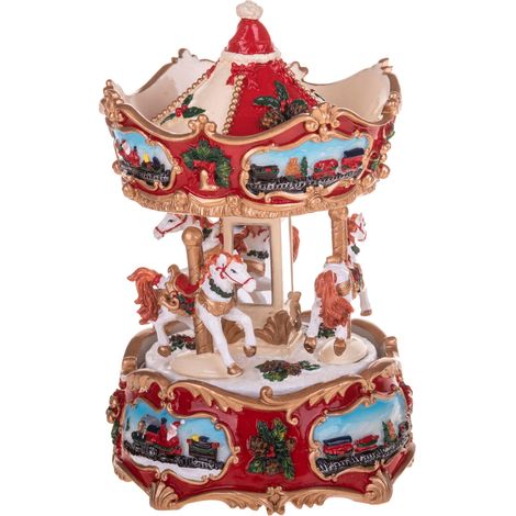 Statuetta giostra con carillon in resina H16 cm per decorazioni natalizie