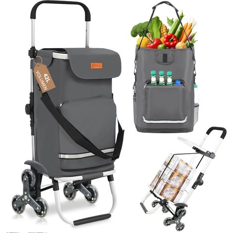 Sekey Aluminium 3 in 1 Treppensteiger Einkaufstrolley, Trolly Einkaufswagen Klappbar mit Kühlfach, 6 Räder, Grau