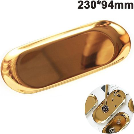 Plateau de rangement ovale en acier inoxydable pour serviettes, assiettes, thé, fruits, cosmétiques et bijoux. (1/4)