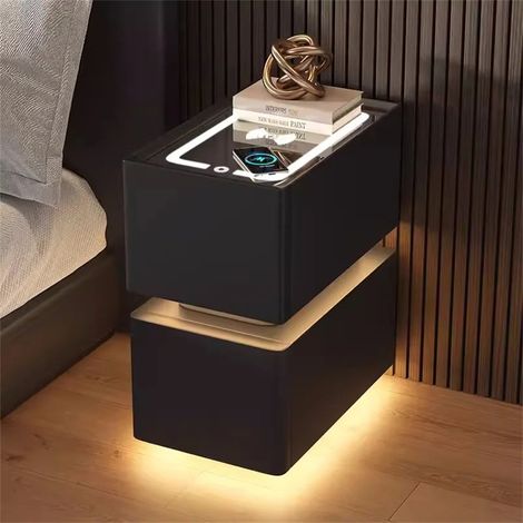 AUTRUCKER Table de chevet connectée créative avec capteur de lumière, meuble de rangement de style nordique, 2 tiroirs avec recharge sans fil, noire, 25x40x48CM (1/5)